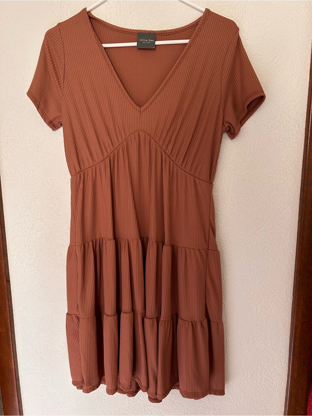 Olivia Rae Rust Ribbed V-Neck Tiered Mini Dress
